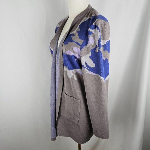 NWT Misook Knit Long Cardigan Sz Large Camouflage Gray Purple Quiet Luxury Pock - Picture 3 of 10